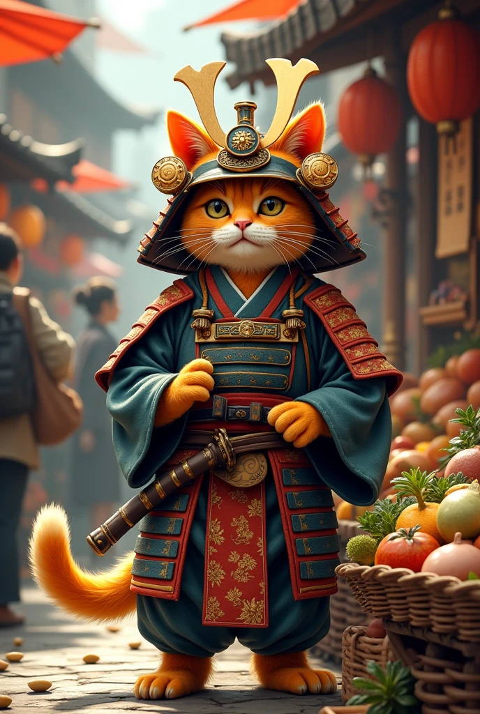 Orange cat in samurai costume selling things