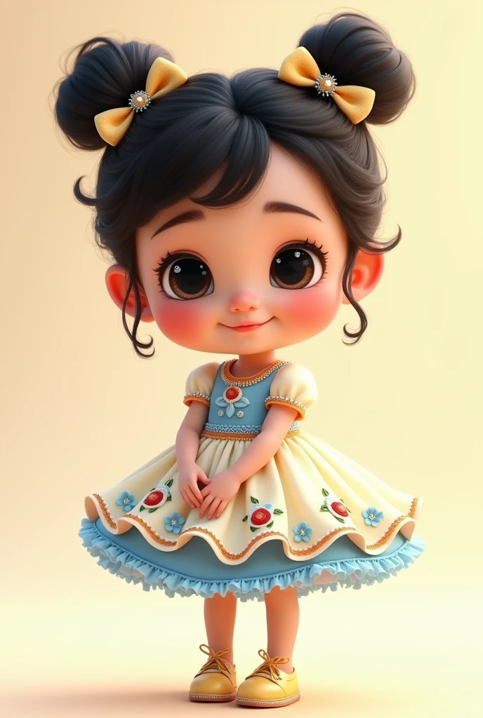 A 2-year-old Pixar cartoon style girl wearing a beautiful white, blue and yellow flared dress with white skin, light eyes and short curly black hair, smiling and very cute with a bow on her head.