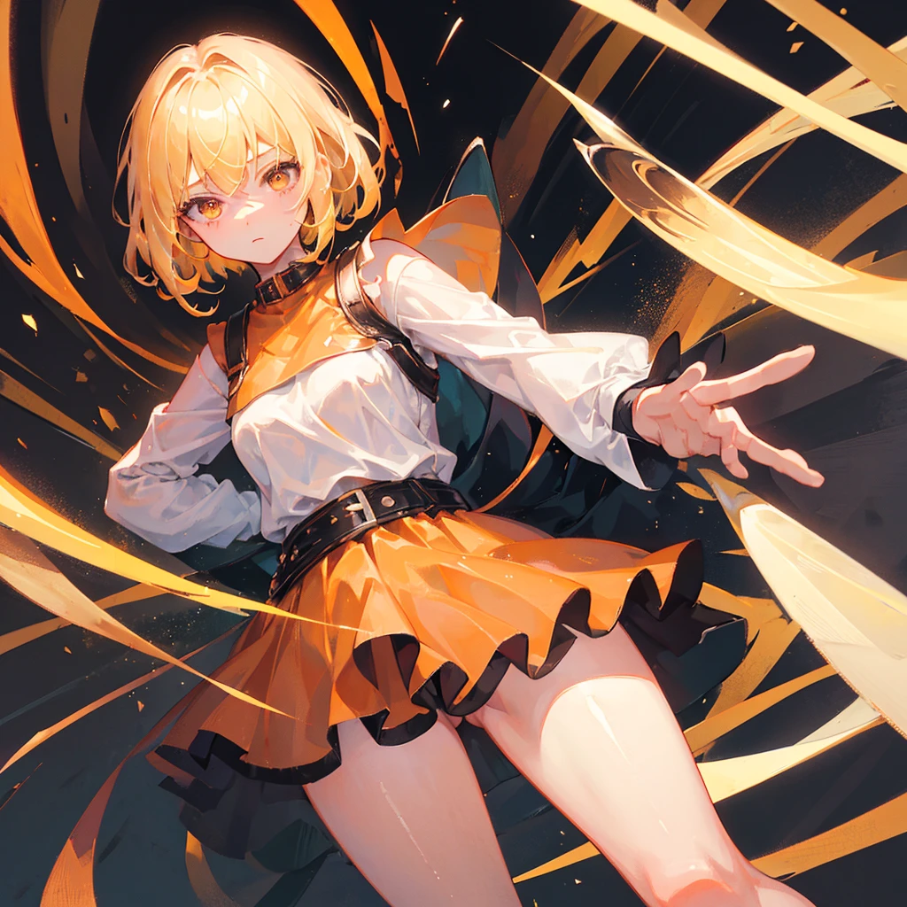 A girl, , 1.50 meters tall, is blonde, has short hair, Orange eyes,white skin, wears a long-sleeved red dress and a black belt around her waist,She is one-eyed, and has a white patch over her left eye. Her legs are completely covered in bandages, as are her arms and hands. She has a serious look and dark circles under her eyes.