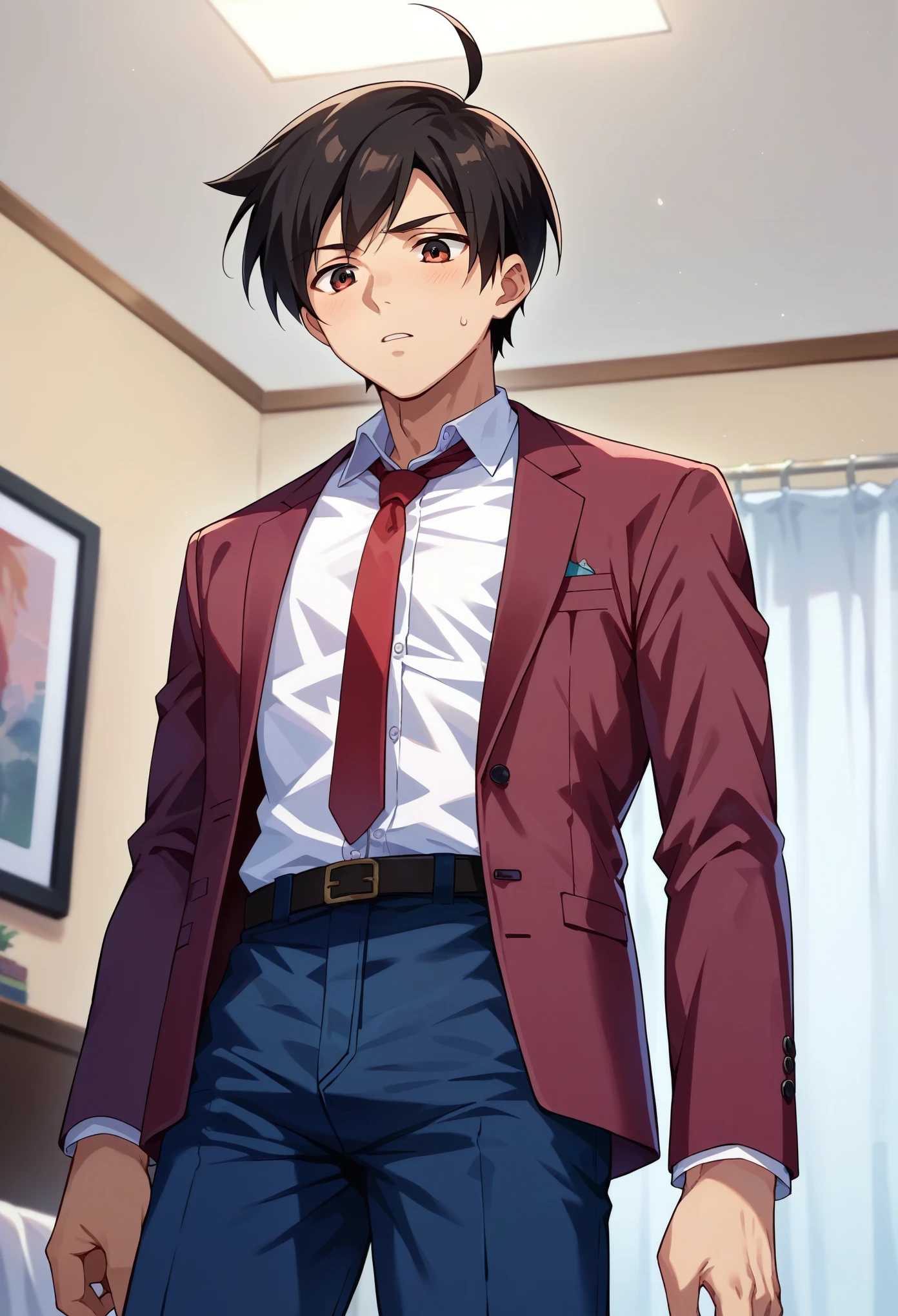 score_9, score_8_up, score_7_up, 1boy, solo, male focus, sakuTomo, black hair, short hair, ahoge, maroon blazer, unbuttoned blazer, long sleeves, red necktie, white shirt, dark blue pants, standing, inexpressive, looking down, bedroom, centered image