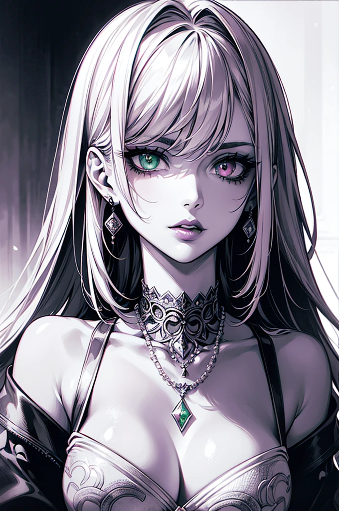 (monochrome), only eyes and lips are colored, Focus on face, Best quality, super excellent, 16 thousand., incredibly absurd, extremely detailed, gentle and dynamic, cool and beautiful sweet woman, silver dirty hair, (heterochromia, Emerald green eyes, Purple eye), bright tattoos on the neck, necklaces, Chokers, Earrings and accessories, shiny red lips, portrait