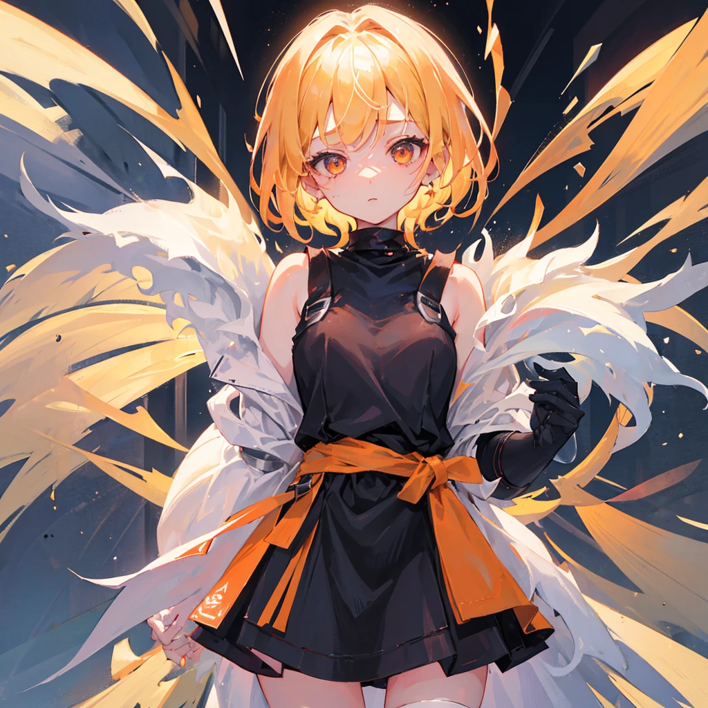 A girl, , 1.50 meters tall, is blonde, has short hair, Orange eyes,white skin, wears a long-sleeved red dress and a black belt around her waist,She is one-eyed, and has a white patch over her left eye. Her legs are completely covered in bandages, as are her arms and hands. She has a serious look and dark circles under her eyes.