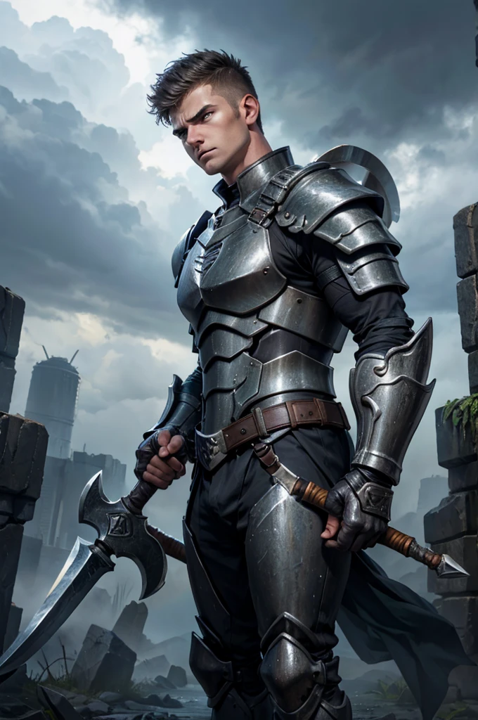 A full armored short hair male angel with a stormy greataxe in hands and young fair angry face