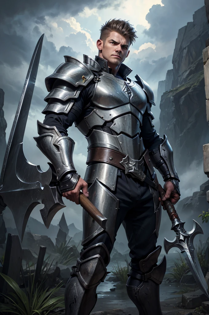 A full armored short hair male angel with a stormy greataxe in hands and young fair angry face