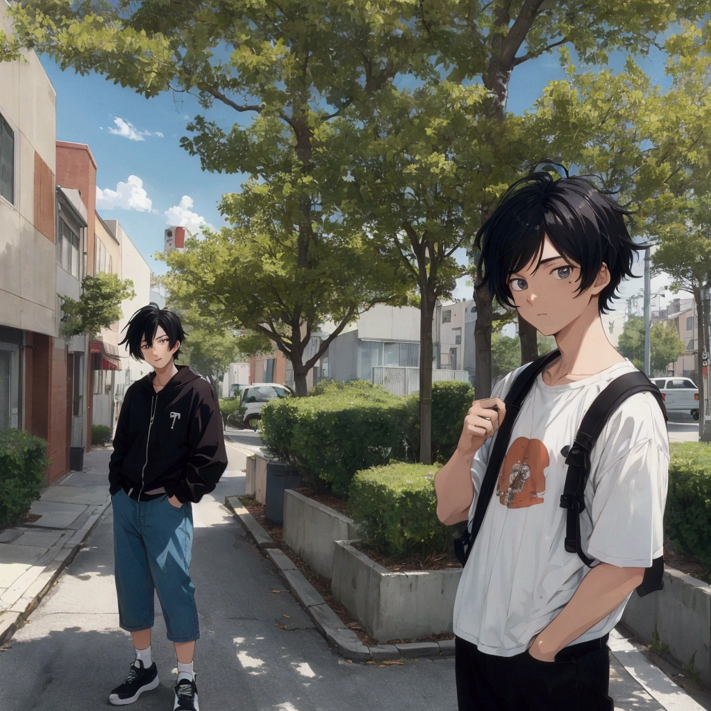 The highest image quality, 90s style anime, 22 year old man, Bblack hair, 90s fashion, in street, TREES, aesthetic