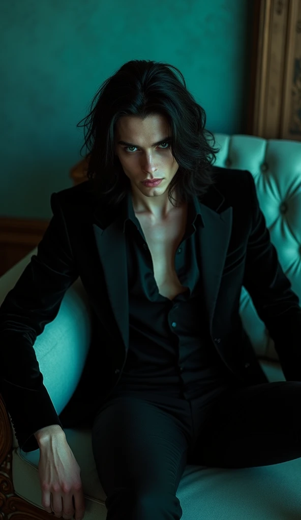 A sexy male with delicate facial features, black long hair, and teal blue eyes with all-black gothic clothes. Sitting on a sofa with his legs spread seductively. Looking down at the camera. No facial hair.