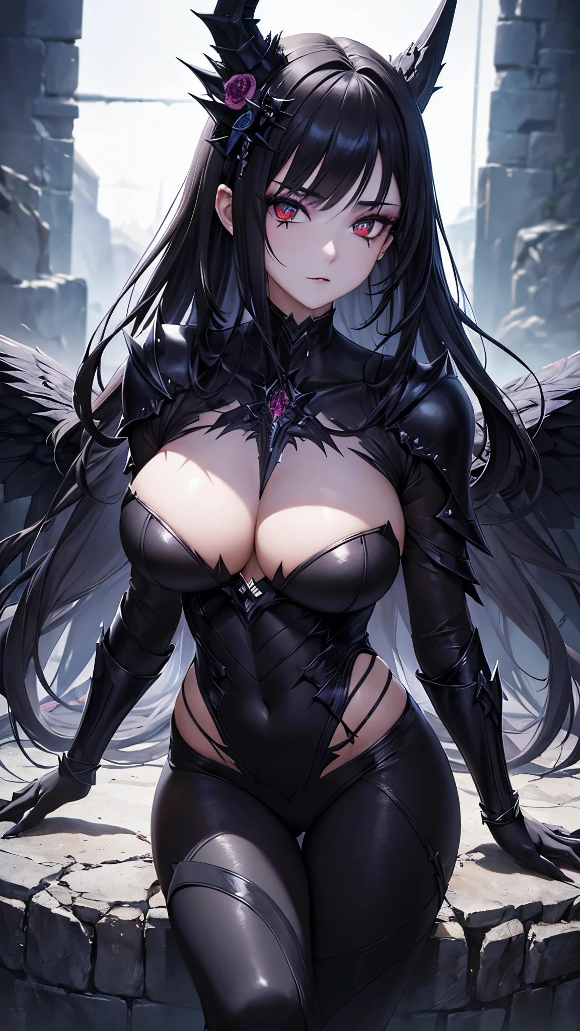 ((Highest quality)),(Ultra-high resolution),(Super detailed),(Detailed Description),((The best CG)),(masterpiece),Highly detailed art,(Art with precise detail:1.5), (Dark fantasy:1.6),(Female Antiheroes:1.6),(Sharp, beautiful and well-defined face:1.5),(Sharp and heavy makeup:1.7),Skeleton bodysuit with large cutouts at the chest:1.8,Sharp Long Boots:1.4,Skull Head Accessories