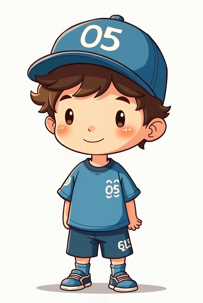 A small boy wearing a blue shirt with the number 05 in the upper right corner and a blue cap with the number 05 and in the upper left corner the word cfa. She has short, curly hair, his face is serene, does not show an emotion, He's small.  Make it in a cartoon style, He's small e tem olhos castanhos 