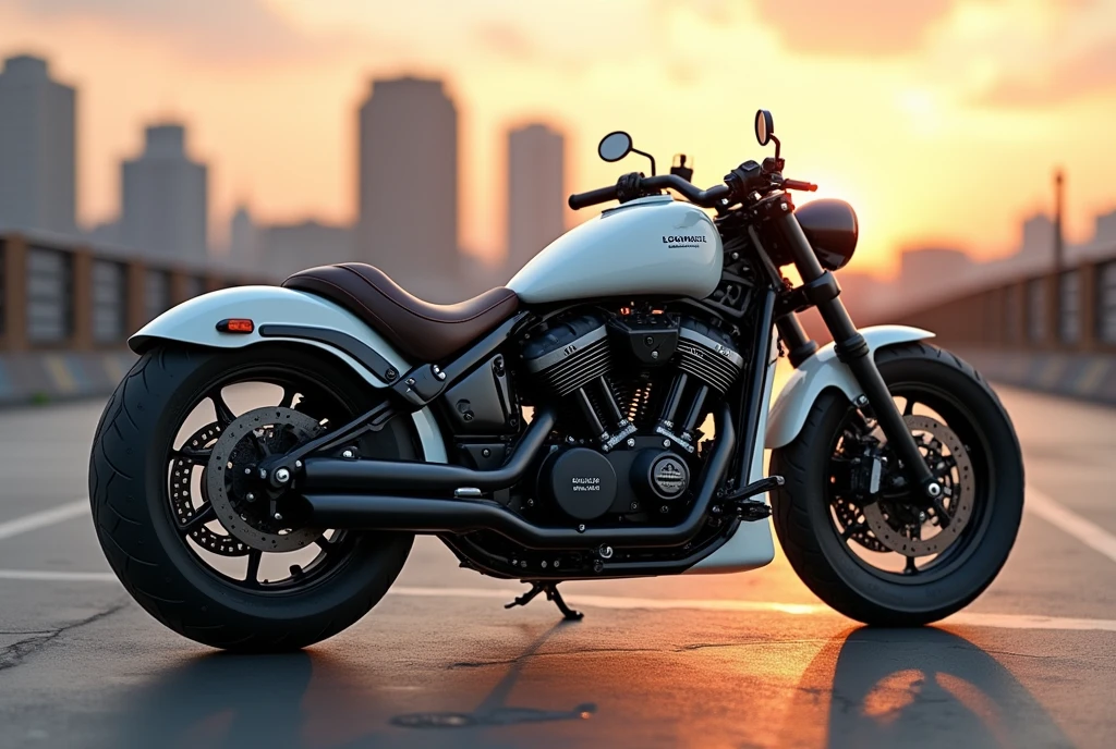 ((Photorrealistic)), (photography), PNG, Louis Vuitton motorcycle with white and black wheels, futuristic, leather seat, black engine, powerful beast, fashionable, city background, sunset light, high resolution photography in the style of Louis Vuitton.