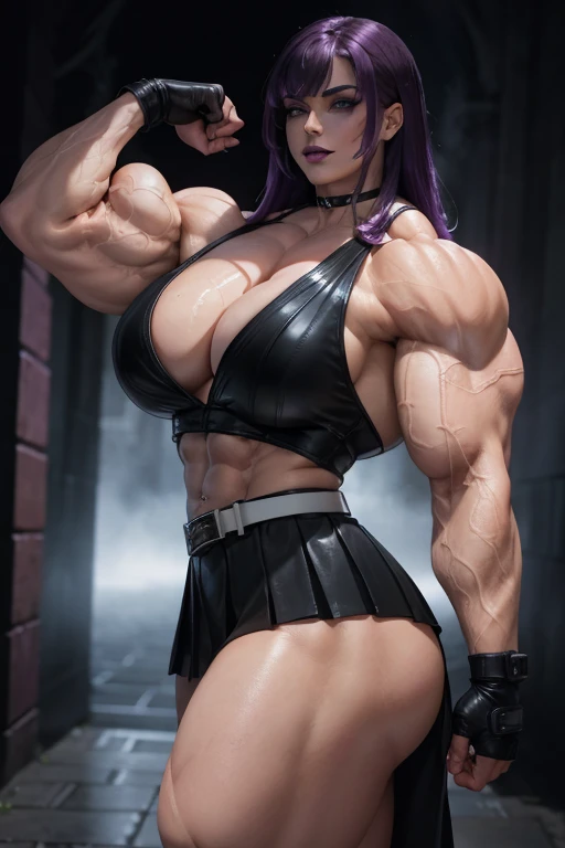 ((Close-up)), tall, (wet violet purple hair) beautiful wet muscular woman, long har with long bangs, pale white skinned, large breast, closed smile, (black lipstick), (massive muscles), (hyper muscle), ((ginormous bulky muscles)), black eyes, (((black leather top))), (((black leather pleated skirt with belt))), (fingerless gloves), choker, boots, in a dark raining street,