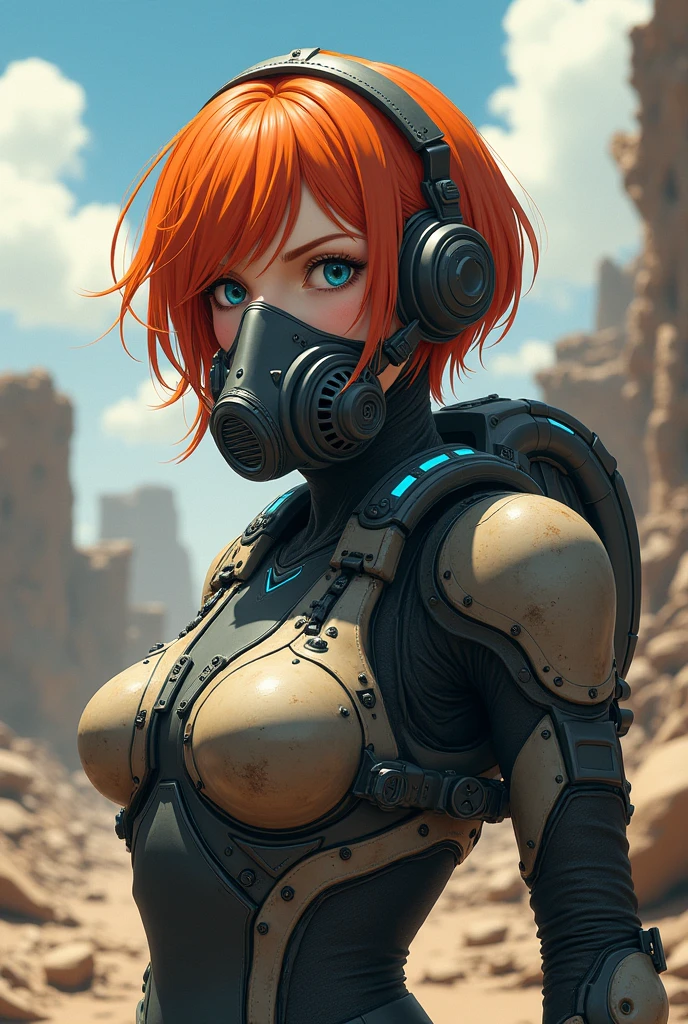 Create a woman in a post-apocalyptic fireproof suit and a gas mask that covers her entire face , with short orange hair and blue tips. Let it be animated like an anime. make it look impressive