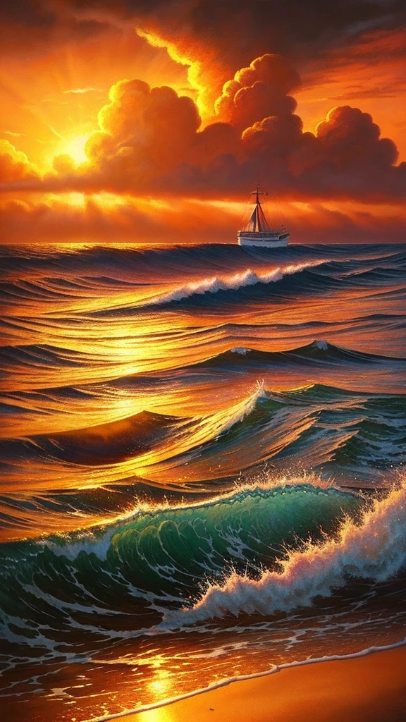 A beautiful ship, realistic oil painting, highly detailed, cinematic lighting, dramatic clouds, glowing sunset, golden hour, ocean waves, reflections, photorealistic, detailed textures, sharp focus, vibrant colors, masterpiece