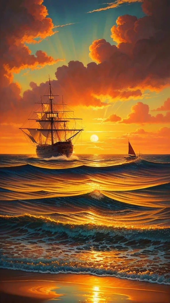 A beautiful ship, realistic oil painting, highly detailed, cinematic lighting, dramatic clouds, glowing sunset, golden hour, ocean waves, reflections, photorealistic, detailed textures, sharp focus, vibrant colors, masterpiece