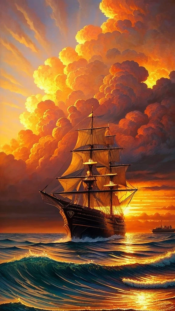 A beautiful ship, realistic oil painting, highly detailed, cinematic lighting, dramatic clouds, glowing sunset, golden hour, ocean waves, reflections, photorealistic, detailed textures, sharp focus, vibrant colors, masterpiece