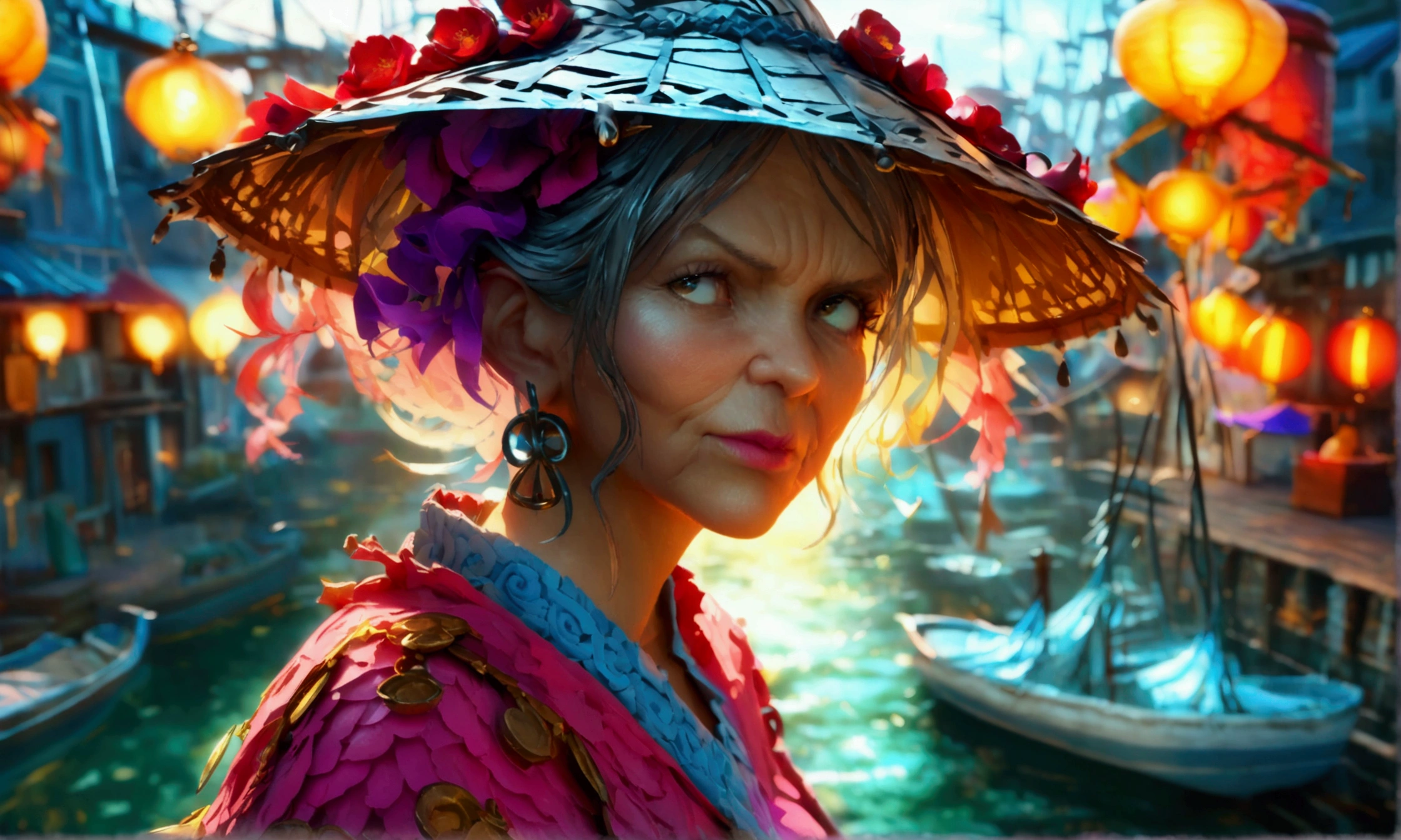 Small old woman, merchant outfit, grumpy look, harbor scenery, "Intricate anime character design inspired by One Piece, stunning lighting, stunning focus, stunning face, creative details, ultra-fine 2D design, scenery bathed in creativity, boasting 2D anime resolution clarity, 4K, high resolution, incredible resolution, high-octane rendering"