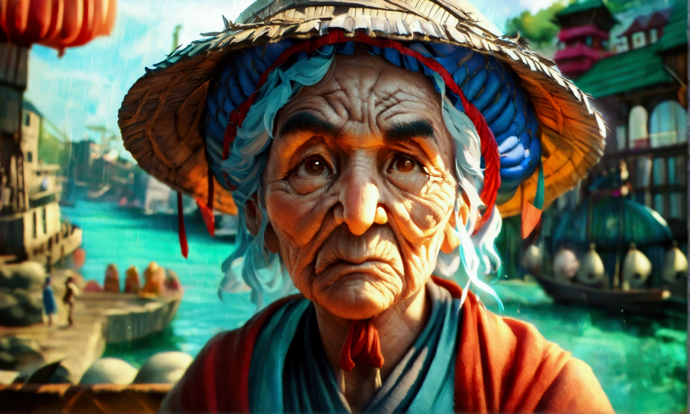 Small old woman, merchant outfit, grumpy look, harbor scenery, "Intricate anime character design inspired by One Piece, stunning lighting, stunning focus, stunning face, creative details, ultra-fine 2D design, scenery bathed in creativity, boasting 2D anime resolution clarity, 4K, high resolution, incredible resolution, high-octane rendering"