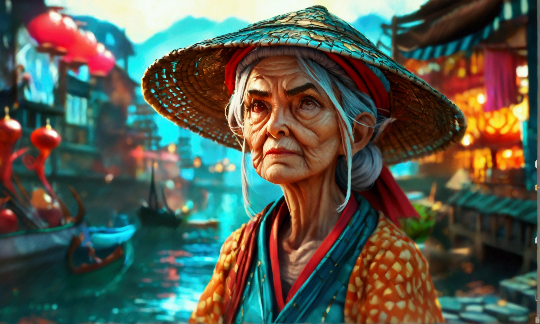 Small old woman, merchant outfit, grumpy look, harbor scenery, "Intricate anime character design inspired by One Piece, stunning lighting, stunning focus, stunning face, creative details, ultra-fine 2D design, scenery bathed in creativity, boasting 2D anime resolution clarity, 4K, high resolution, incredible resolution, high-octane rendering"