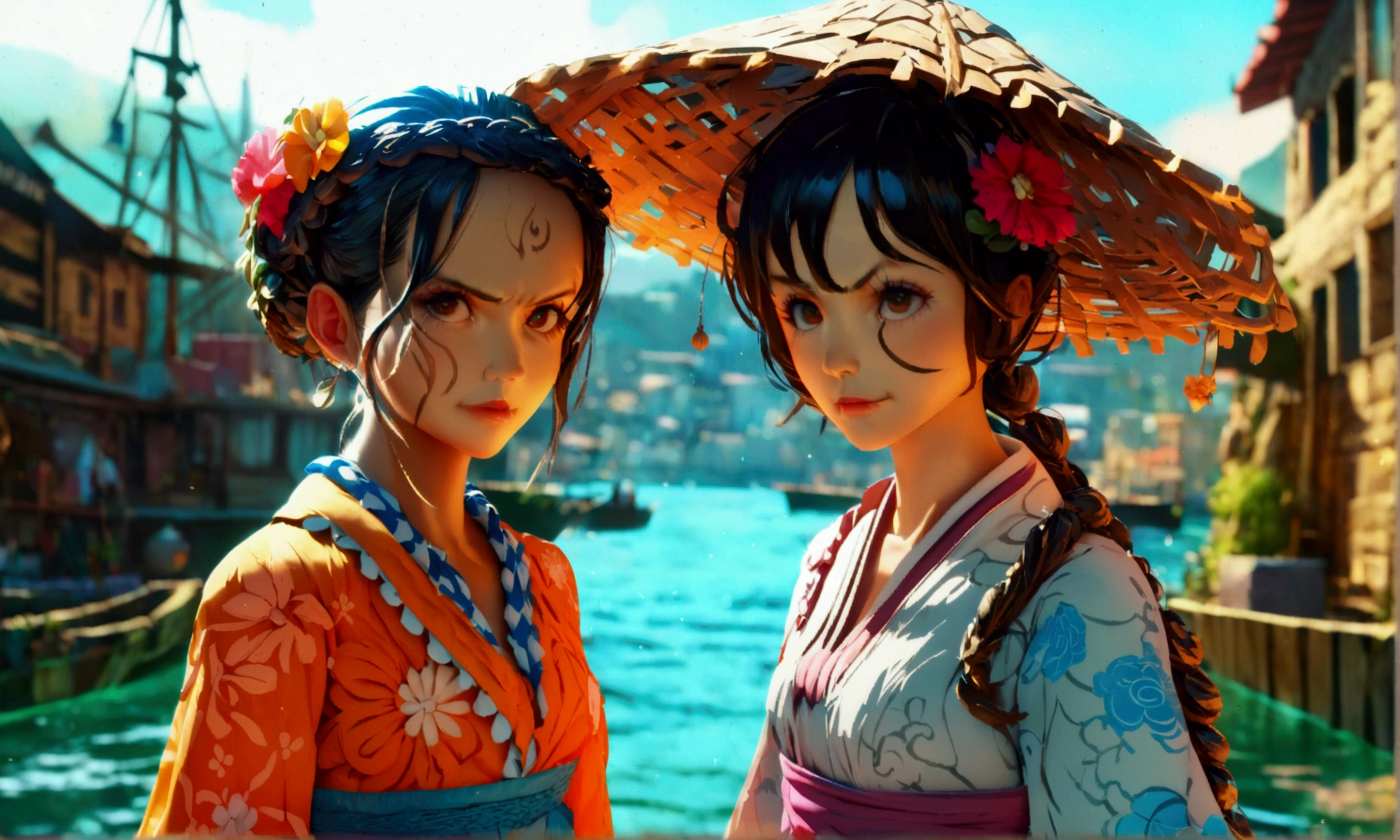 Small old woman, merchant outfit, grumpy look, harbor scenery, "Intricate anime character design inspired by One Piece, stunning lighting, stunning focus, stunning face, creative details, ultra-fine 2D design, scenery bathed in creativity, boasting 2D anime resolution clarity, 4K, high resolution, incredible resolution, high-octane rendering"