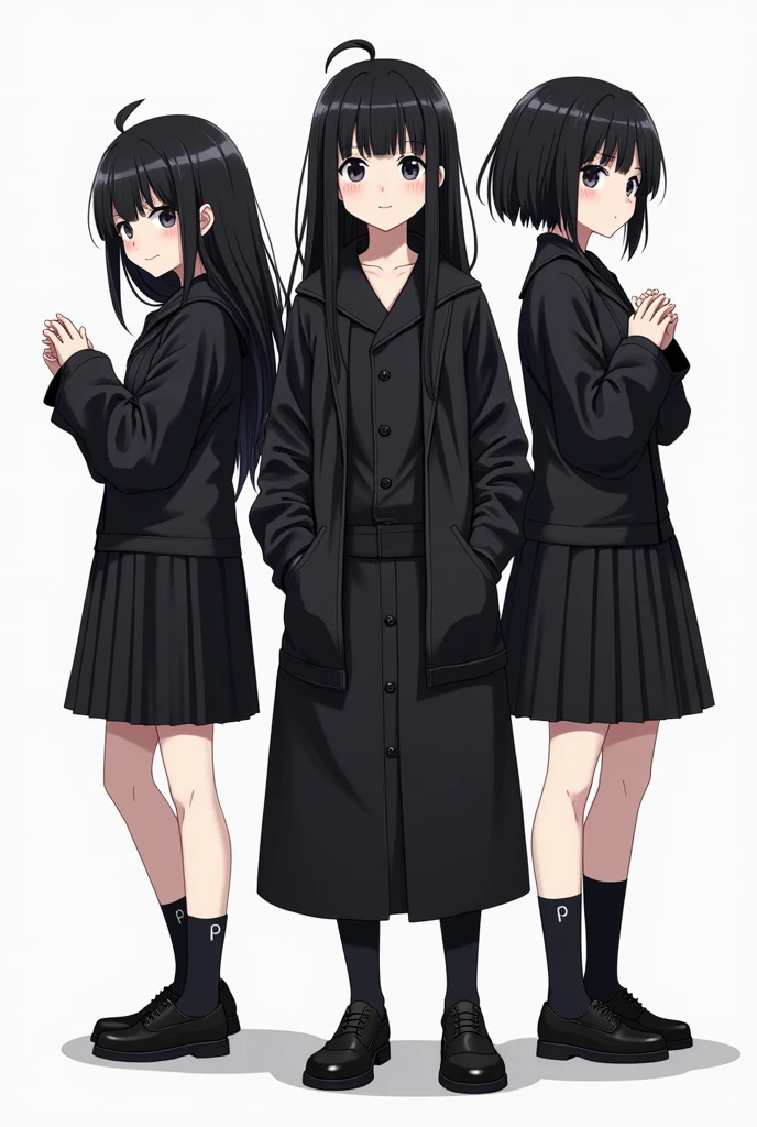 3 japaneses girls with black hair, white skin, black clothes(rock), white background