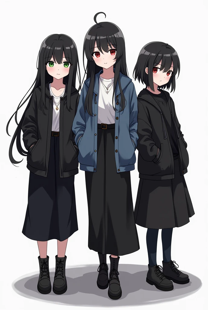 3 japaneses girls with black hair, white skin, black clothes(rock), white background