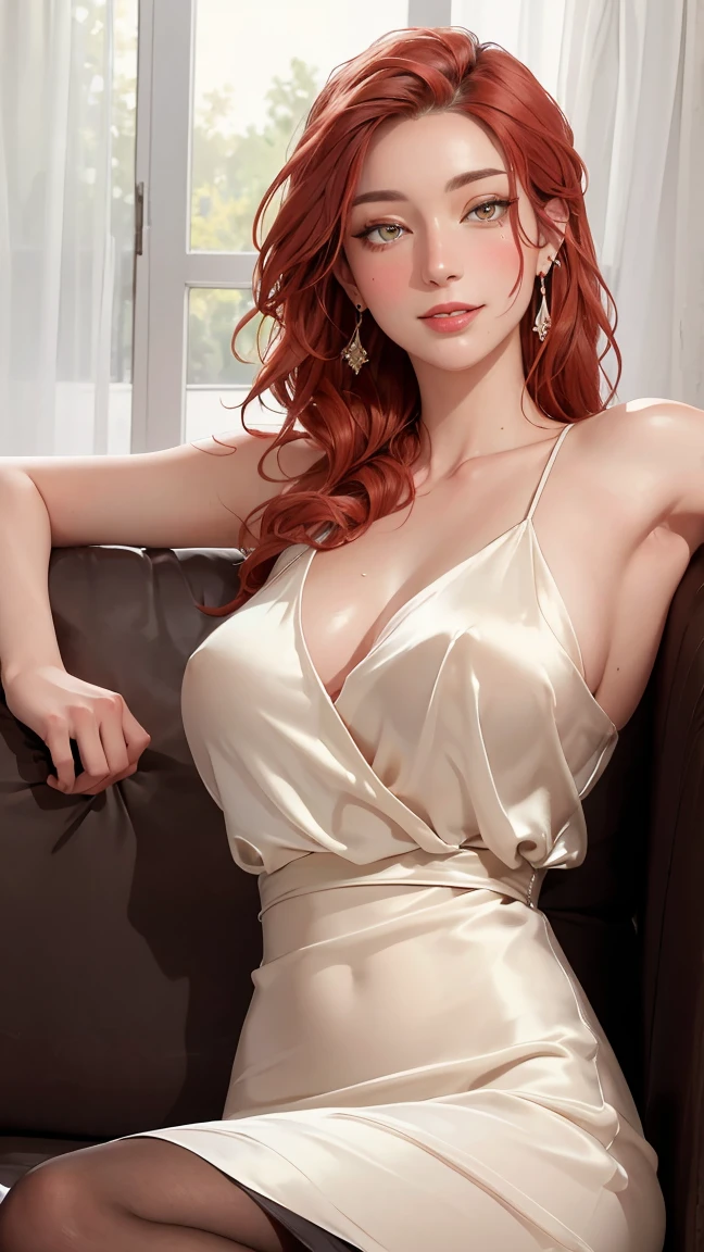 ((((masterpiece, best quality, high resolution)))), Extremely detailed 8K, Beautiful girl with voluptuous body, (Ultra HD, Ultra-detailed, Highly detailed, Highly realistic, Ultra-realistic, photograph realistic), (1girl:1.5), (Realistic red hair), (long wavy hair, hair ornaments, earrings), (dynamic poses), facing at camera, looking at viewer, (blushing red, embarrassed, smile), (hazel eyes, sharp eyes), (big perky breasts:1.2), (beautiful detailed face, beautiful detailed eyes), ((silk dress)), (sitting on couch), sweat, glow, (sunbeam, sunlight), ((cowboy shot)), bedroom, seductive