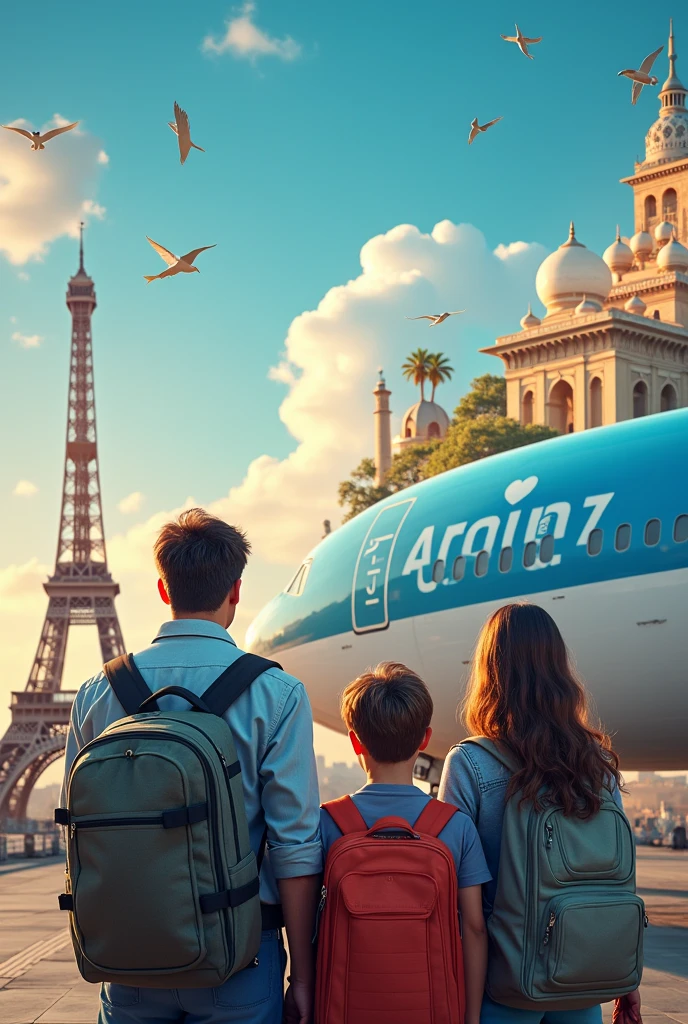 Vertical image of a family with 2 teenage children showing their plane tickets to arrive, looking at the sides of an Aerolíneas Argentinas plane and the current wonders of the world