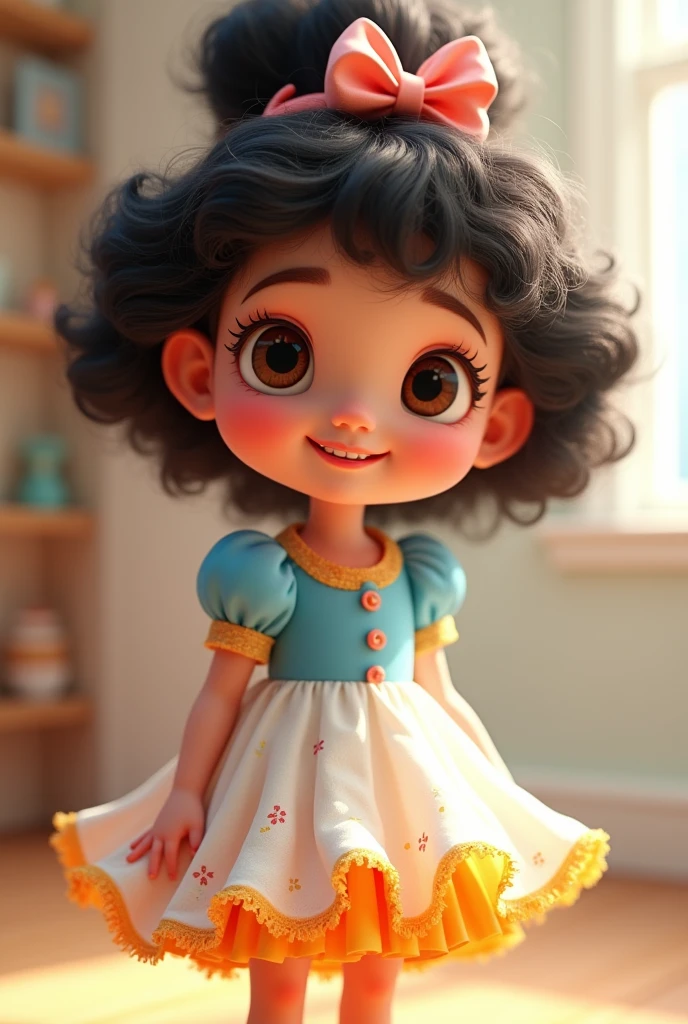 A 2-year-old Pixar cartoon style girl with a beautiful white, blue, yellow and red flared dress with white skin, light eyes and short curly black hair smiling and very cute with a bow on her head