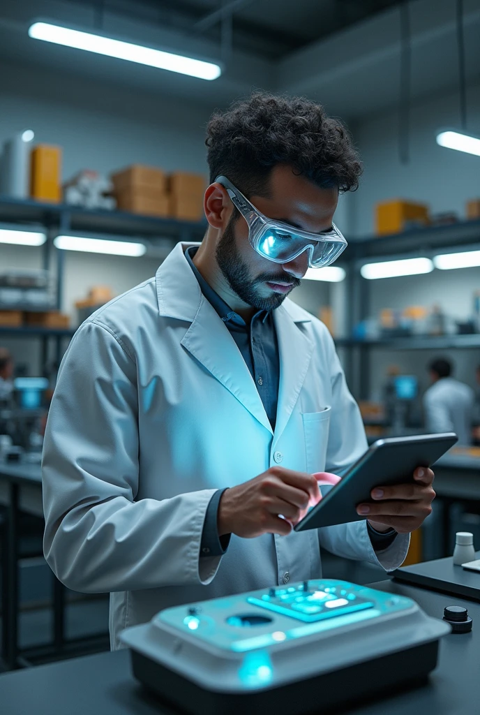 People who have a robotics room and are creating a smart necklace that monitors health and there is a person with a tablet watching if the prototype works