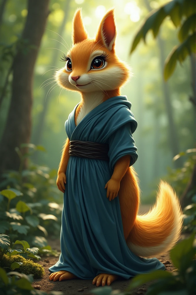 A golden anthropomorphic chipmunk with golden floor-length hair wearing a blue floor-length Greek tunic with a black belt.
Her eyes are black with long eyelashes..
She stands against the backdrop of the jungle.
