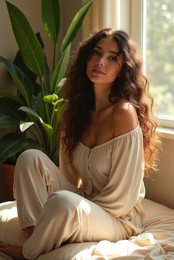 (photorealism:1.2), beautiful woman, sitting on bed, wearing loose off-shoulder top, pajama pants, long curly hair, indoors, soft lighting, plants in background, window with sunlight, cozy room, relaxed pose, realistic, intricate details, warm colors, by Greg Rutkowski, by Alphonse Mucha