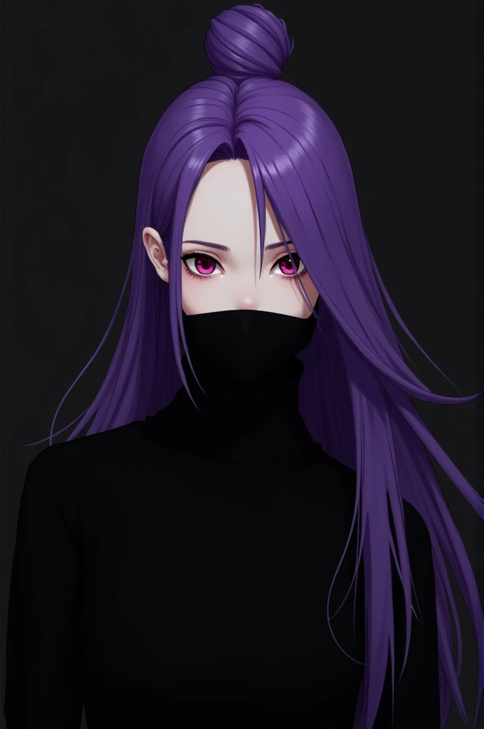Purple haired girl with a bun in her hair, black shirt and black face
