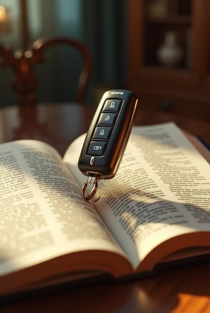A fancy car key with buttons dropped from a Bible. in a fancy house office, pixar style, 3d , high-aesthetic, cinematic, masterpiece
