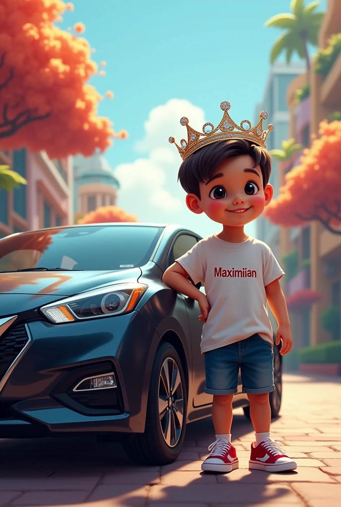 Create another image of a child with a black car and the car says Nissan that is a Nissan march And the child has a t-shirt that says Maximilian and the child has a diamond crown