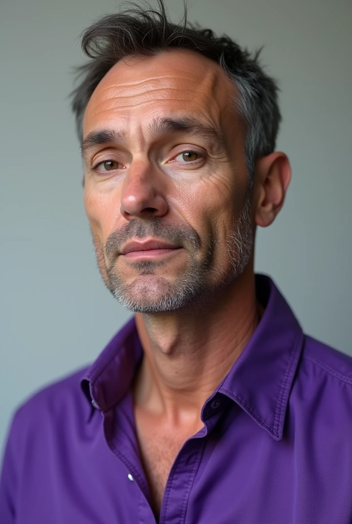 Create character in remix.40 year old white man with thin hair black eyes with purple shirt