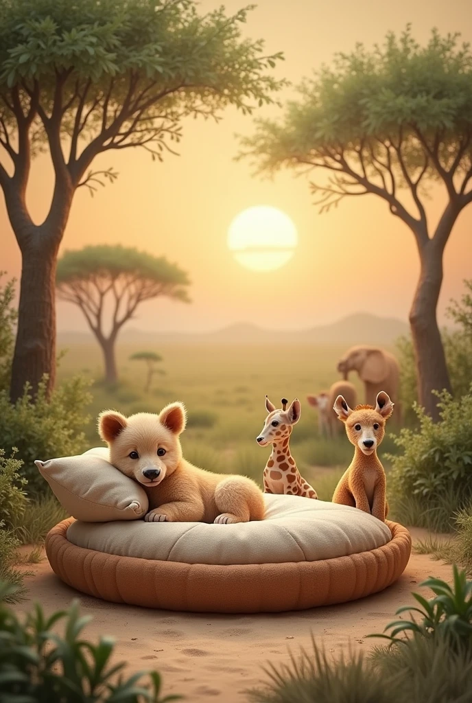Create a photo background for me with a real safari themed New Born scenery, with baby animals and an empty round bed 