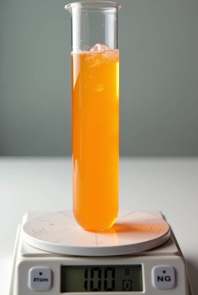 an orange soda placed in a test tube and in turn the test tube on a scale that shows its mass in numbers, that both volume and weight are visible



