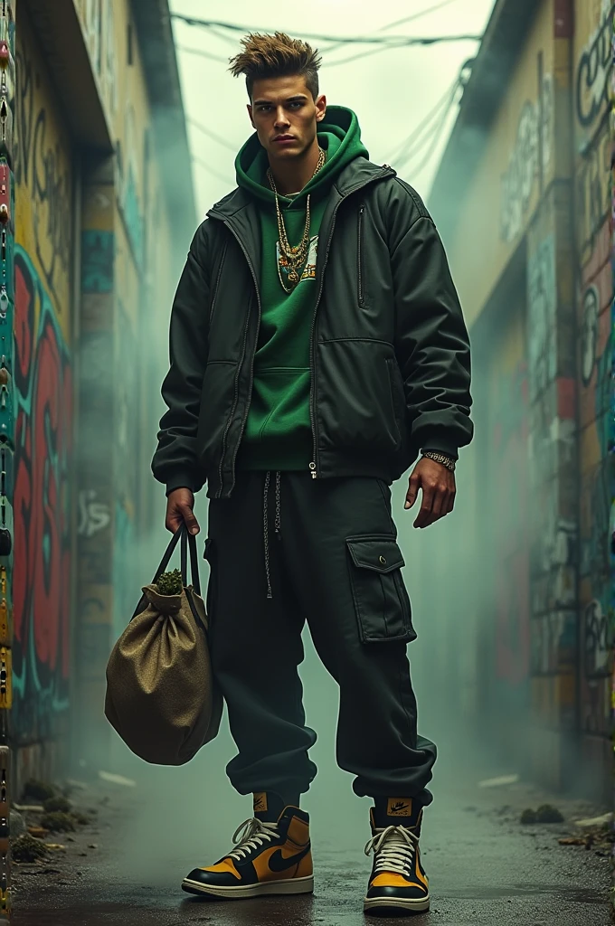 Ghetto white boy green eyes with a fade wearing jordans holding bag of money grafitti walls and smoke and marijuana in the background