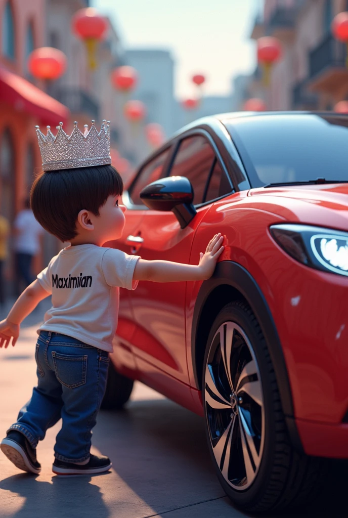 Create another image of a child with a black car and the car says Nissan that is a Nissan march And the child has a t-shirt that says Maximilian and the child has a diamond crown