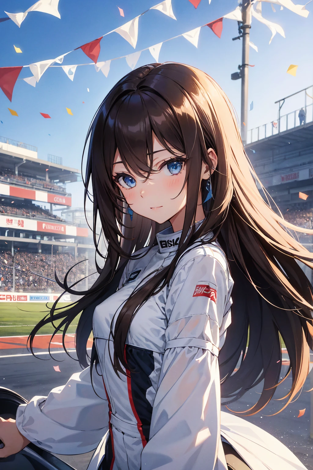 Highest quality, Great quality, 16K, Unbelievably absurd, Very detailed, 2.5D, delicate and dynamic, blue sky, Confetti, Racing Car, flag, Small face, Very delicate facial expressions, Delicate eye depiction, Very fine hair, Upper body close-up, erotic, Only sexy women, Healthy body shape, 22-year-old woman, Race Queen, Height: 170cm, Brown long hair, Sexy long legs, Glowing Skin, , 派手なRace Queenコスチューム,Formula 1, Auto Racing Track,Small breasts,Flat chest