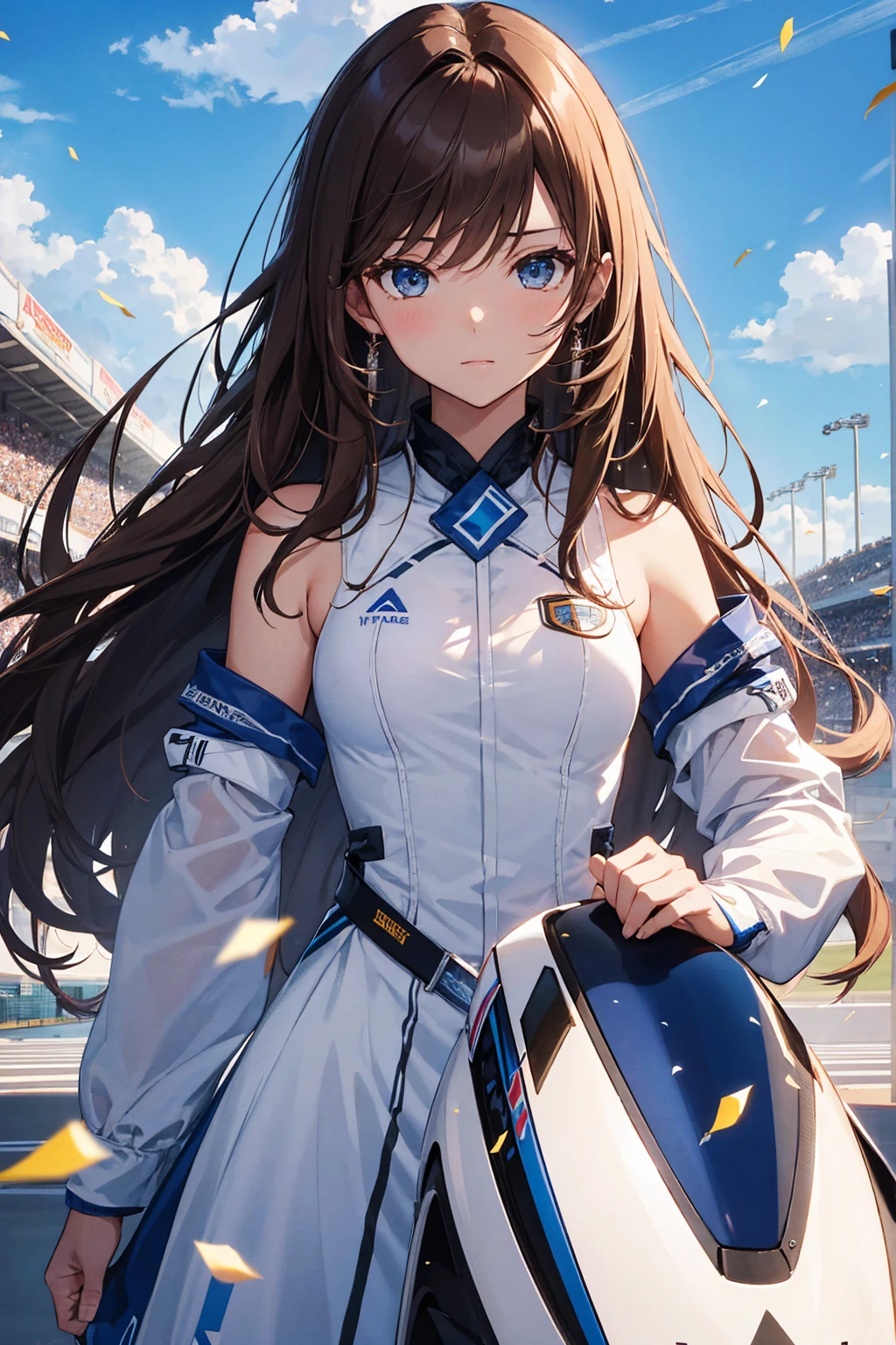 Highest quality, Great quality, 16K, Unbelievably absurd, Very detailed, 2.5D, delicate and dynamic, blue sky, Confetti, Racing Car, flag, Small face, Very delicate facial expressions, Delicate eye depiction, Very fine hair, Upper body close-up, erotic, Only sexy women, Healthy body shape, 22-year-old woman, Race Queen, Height: 170cm, Brown long hair, Sexy long legs, Glowing Skin, , 派手なRace Queenコスチューム,Formula 1, Auto Racing Track,Small breasts,Flat chest