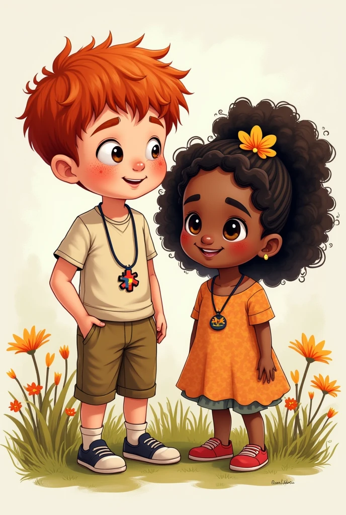 Make a male character around 9 years old who has a very fat body with red hair, freckled skin and wears a diversity necklace, signaling that he has autism.
Next to him is a 10-year-old girl with very voluminous black African hair and a flower as an ornament in her hair., doesn't wear the necklace.
all very cute Bobbie Goods coloring book style!