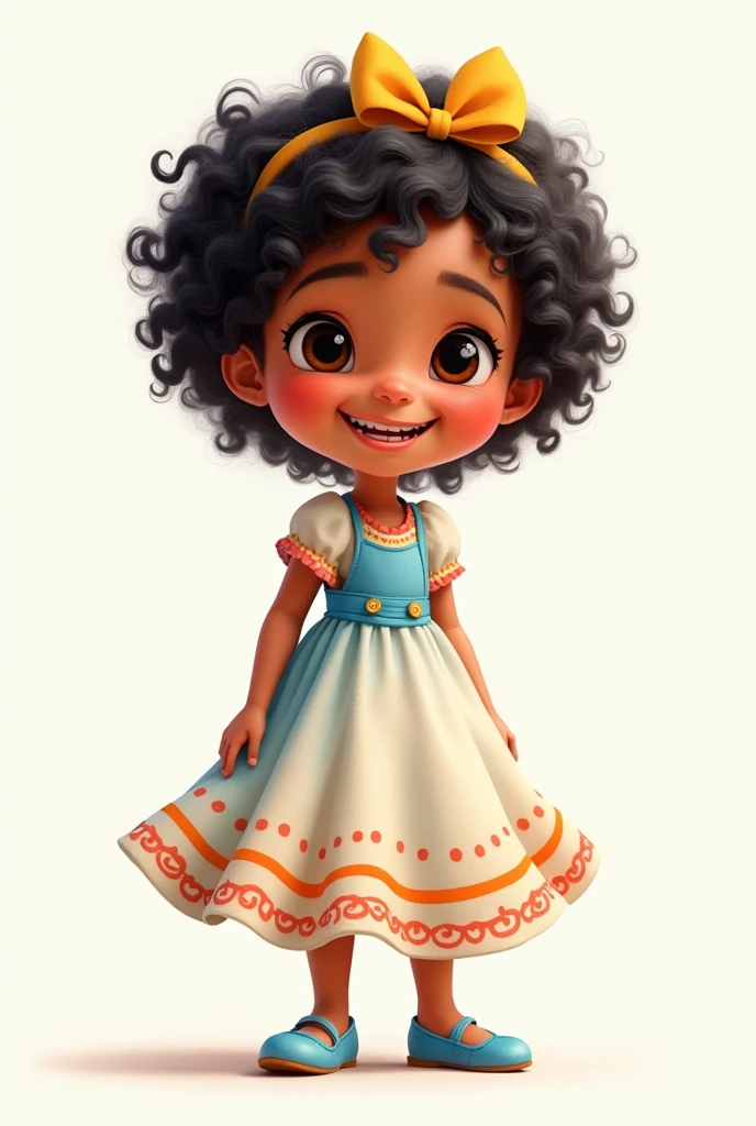 A 2--old ar cartoon style girl with a beautiful white, blue, yellow and red flared dress with white skin, light eyes and short curly black hair, smiling and very cute with a bow on her head and blue shoes.