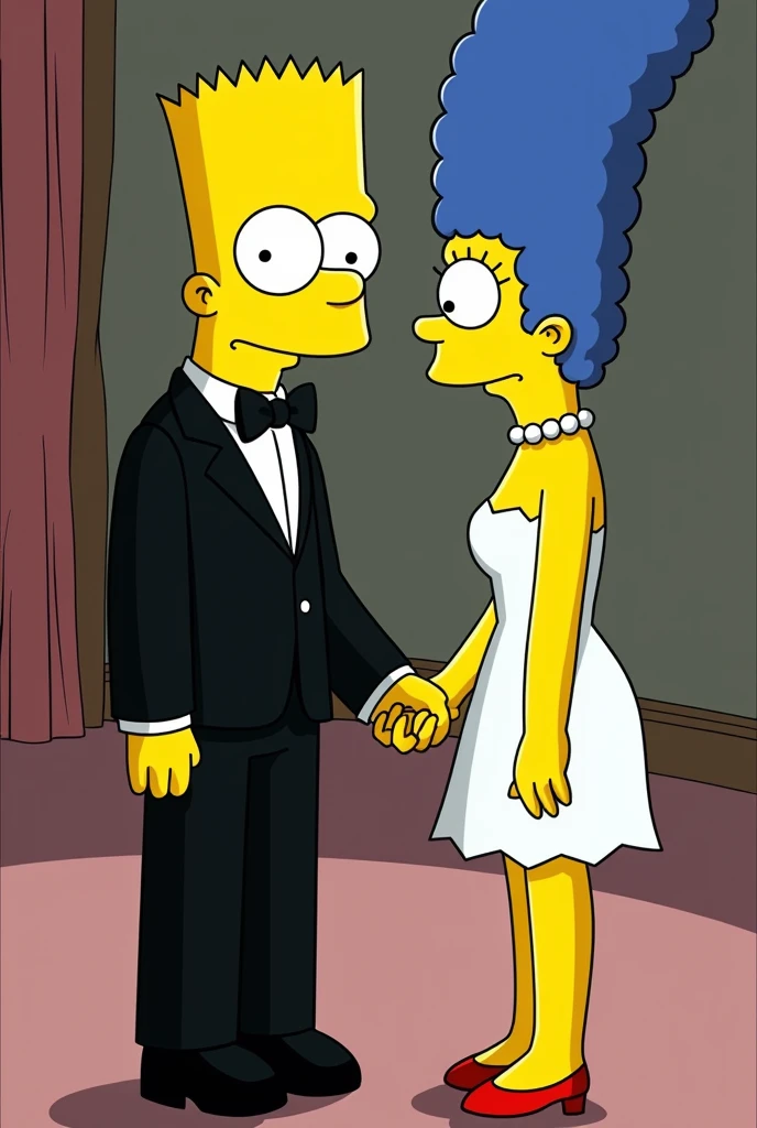 Bart Simpson, black evening suit, adult Marge Simpson, short sensual white dress