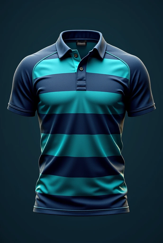 A titan themed navy blue and turquoise rugby jersey with a collar front and its back