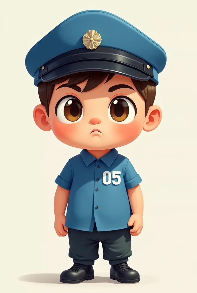 A small boy wearing a blue shirt with the number 05 in the upper right corner and a blue cap with the number 05 . She has short military style hair., his face is serious, does not show an emotion, He's small.  Make it in a cartoon style, He's small e tem olhos castanhos. He wears black pants and black sneakers.