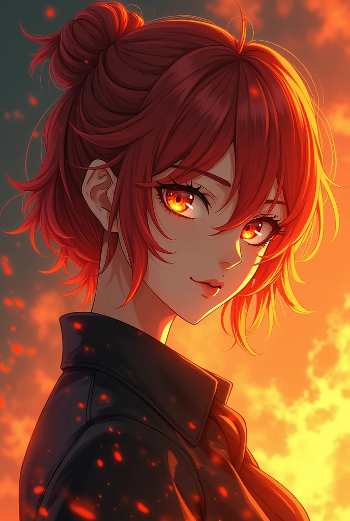 An anime style woman, that she is a pyromaniac, May the colors of your hair be like that of fire.
