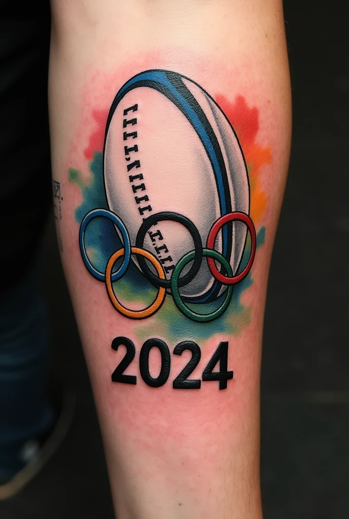 Crée un tatouage avec les anneaux des jeux olympiques, en fond à l’arrière des anneaux dessine un ballon de rugby bien distinct et en dessous des anneaux écrit 2024
