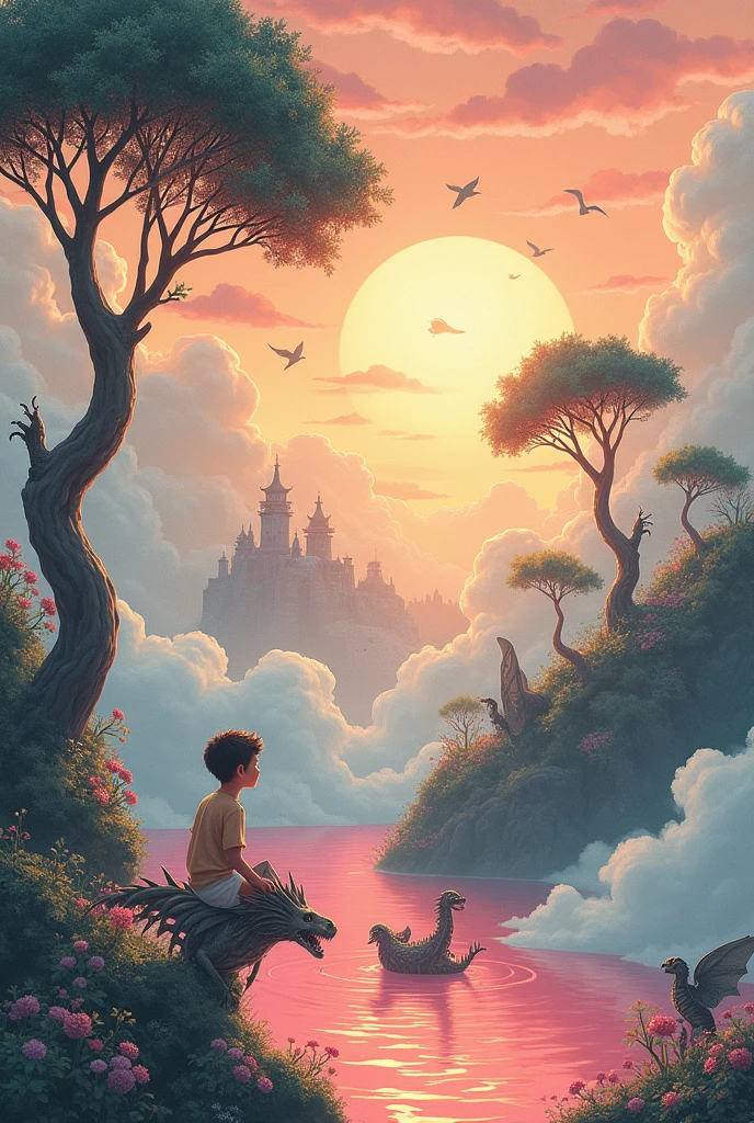 This art has to have a Japanese style. A forest on top of the clouds with several trees of light. Dragon men having fun taking a bath in pink water. There are other clouds with small castles or houses. And below the clouds, there is a kingdom of cards. A beautiful afternoon, almost dusk. Birds are flying and flowers are blooming. A boy riding a skeleton dragon is going to take a bath with them.