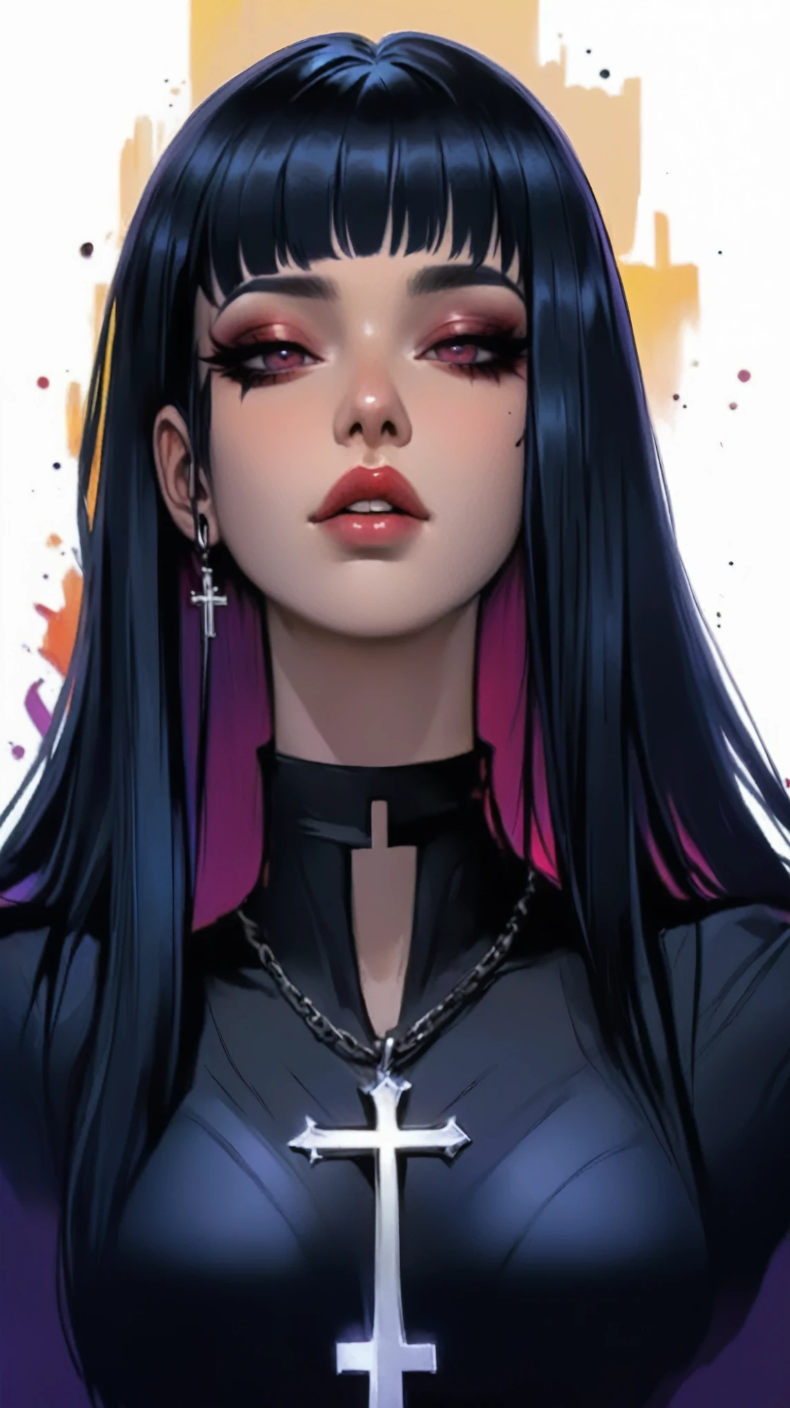 a woman with long black hair and a cross on her chest, rossdraws 2. 0, rossdraws 1. 0, hyper - goth, rossdraws cartoon vibrant, rossdraws 2. 5, neo goth, gothic horror vibes, goth girl, goth vibe, 1 7 - - old me goth girl, gothic - cyberpunk, :: rossdraws, wearing cyberpunk streetwear