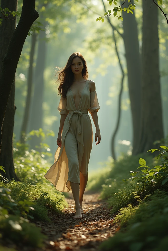 A ultra realistic 22yo woman walking in the wood